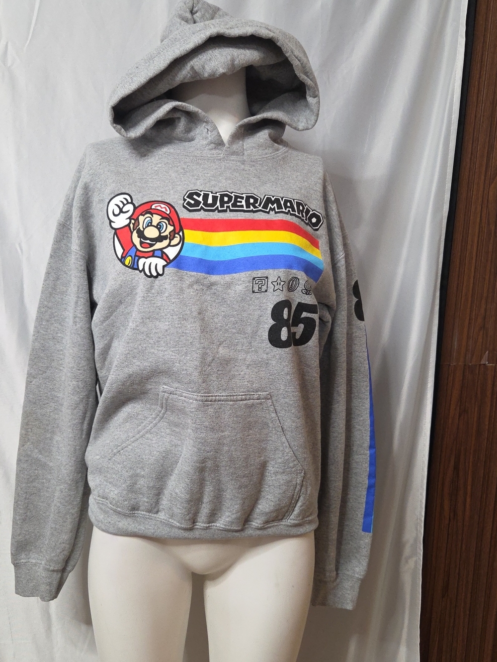Nintendo Gray Super Mario Hoodie with Rainbow Chest Stripe Small Sz [1761]